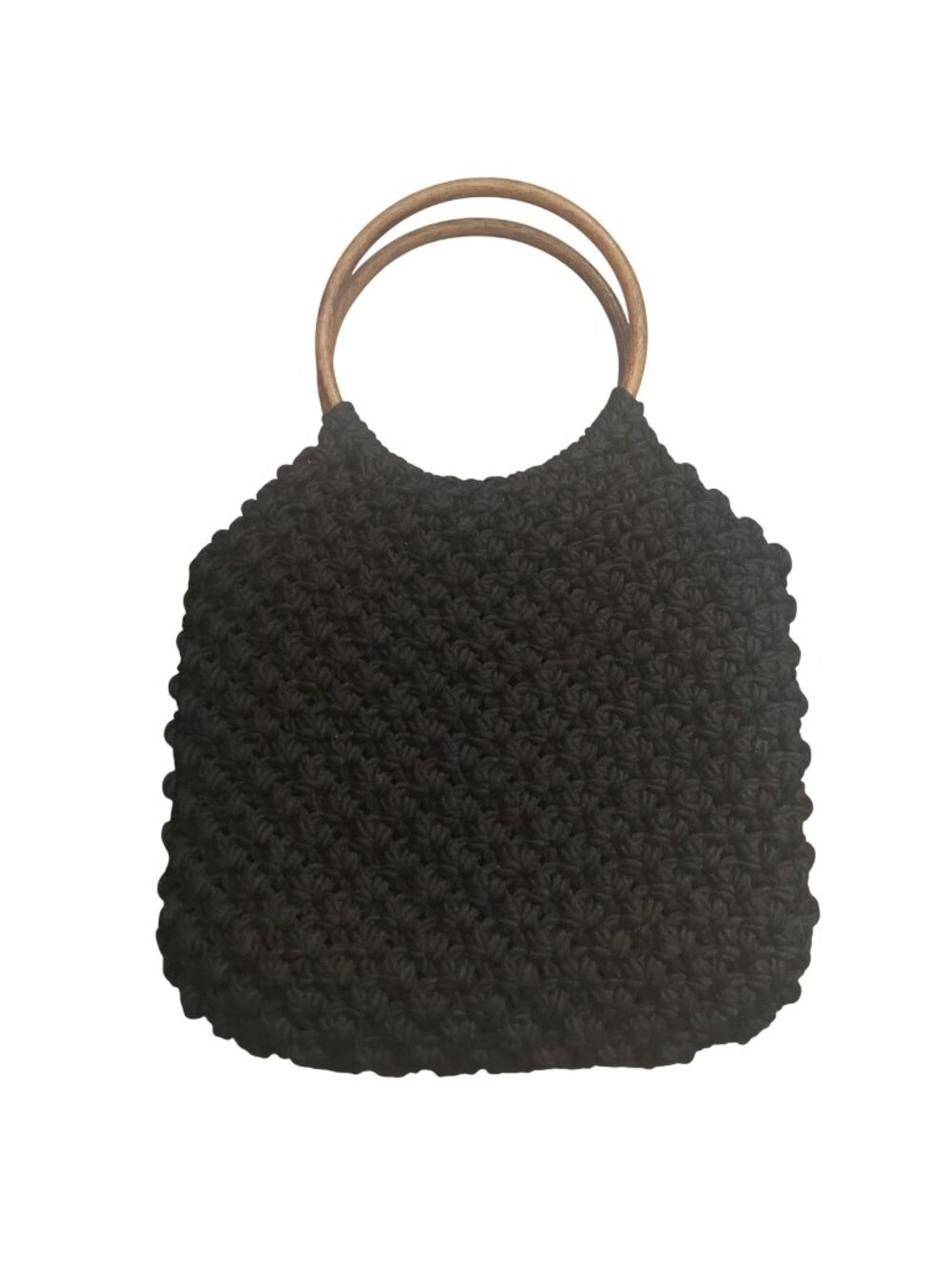Macrame Crochet Handbag Handmade Black W/ Round Wooden Handles Lined Vintage 70s